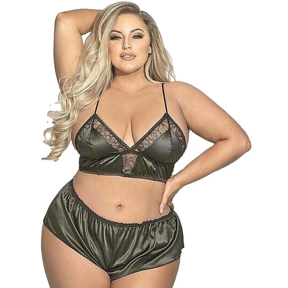 Satin Pajama Set Womens Plus Size 1x 2x Black or Red Bralette Bra - Picture 3 of 11